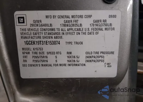 2001 Chevrolet Silverado 1500 Ls из США, поврежденный, VIN 1GCEK19T31E153074